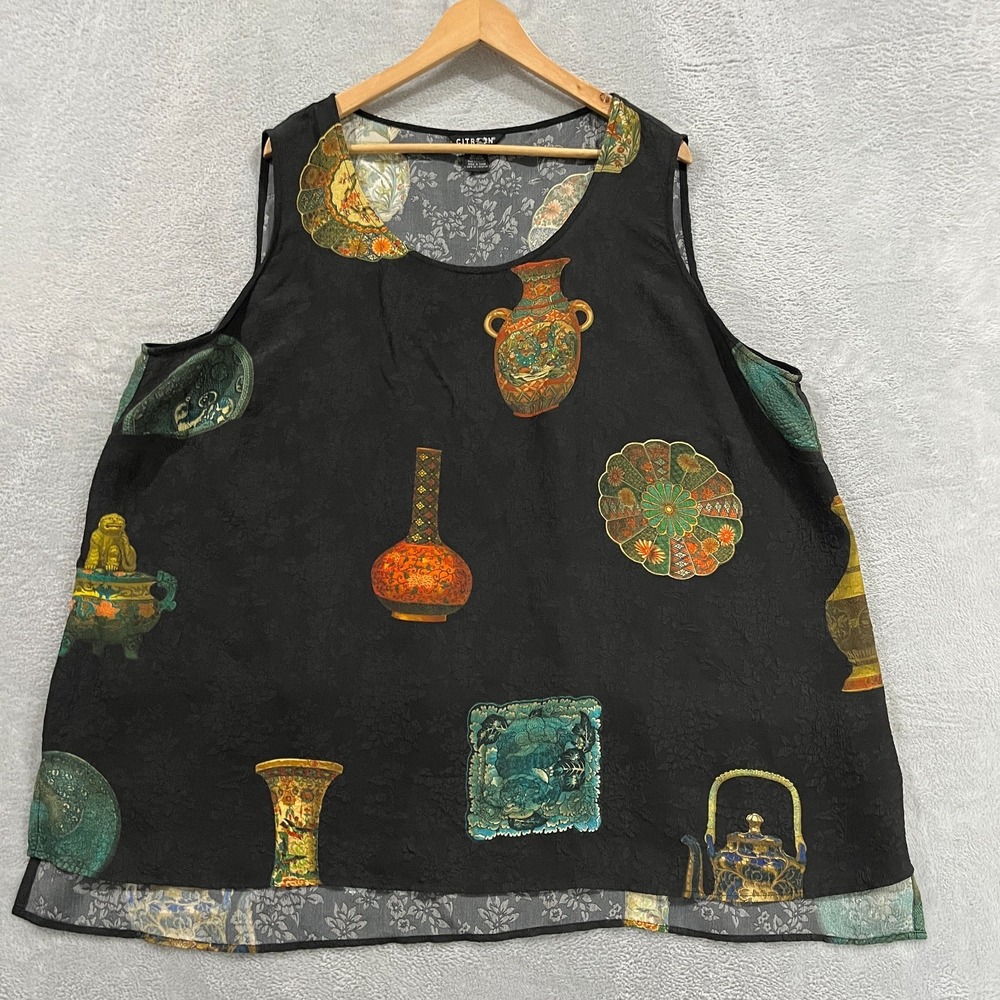 Citron Santa Monica 4X‎ Silk Tank Top Black Floral Witchy Boho Sleeveless